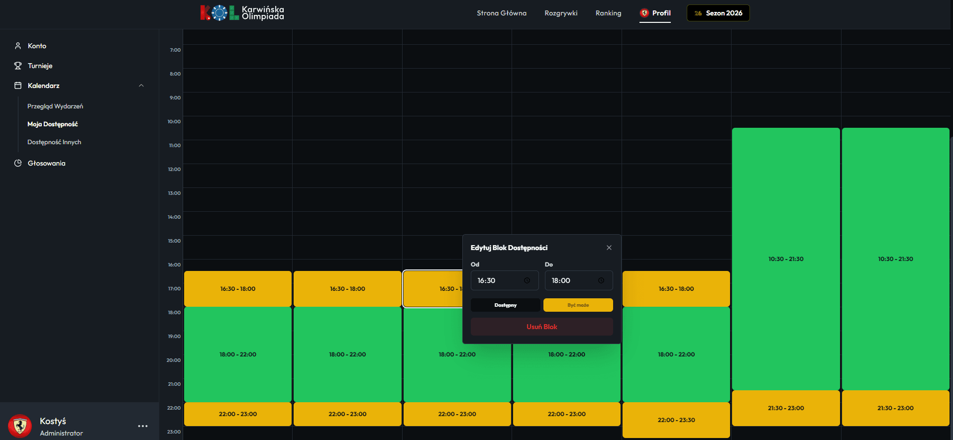Zrzut ekranu modułu: Personalized match schedule